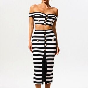 Bella Barnett Off-the-Shoulder black/white Slit Bandage Midi Two-Piece Set SM